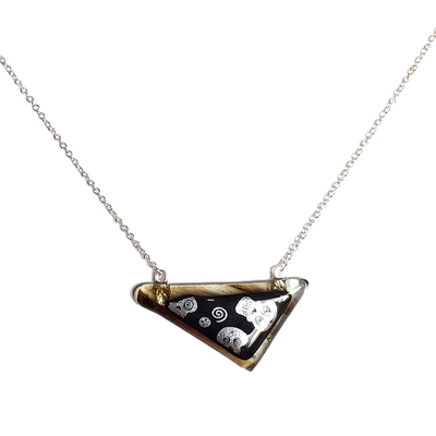 Dichroic silver skulls on smoky fused glass triangle pendant necklace