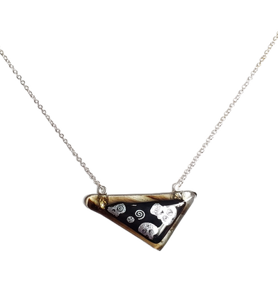 Dichroic Silver Skulls on Smoky Fused Glass Triangle Pendant Necklace