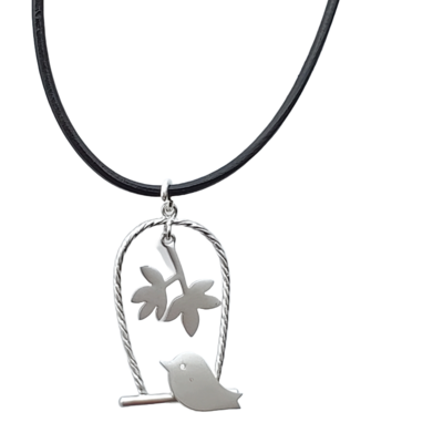 Perched bird on leather necklace