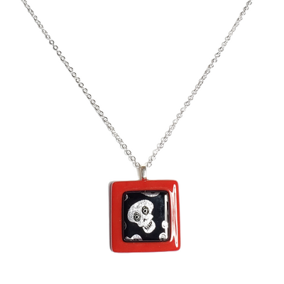 Dichroic silver skulls on red fused glass pendant necklace