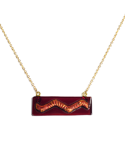 Dichroic Red Wave on Dark Red Fused Glass Bar Necklace