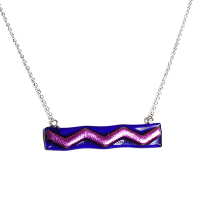 Dichroic pink wave on cobalt blue fused glass bar necklace - Thumbnail 2