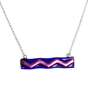 Dichroic Pink Wave on Cobalt Blue Fused Glass Bar Necklace