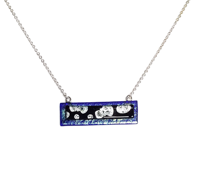 Silver Dichroic Skulls on Iridescent Blue Fused Glass Bar Necklace