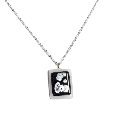 Dichroic skulls on milky white fused glass pendant necklace - Thumbnail 2