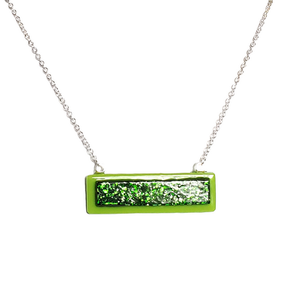 Green sparkle on kelly green fused glass bar necklace - Thumbnail 3