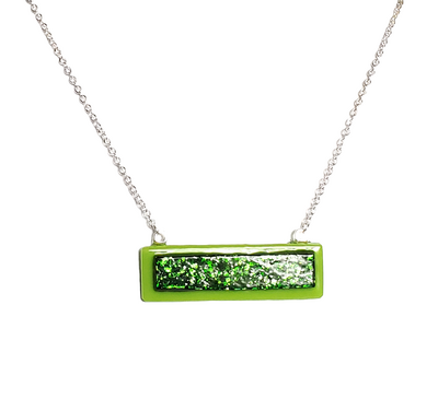 Green Sparkle on Kelly Green Fused Glass Bar Necklace
