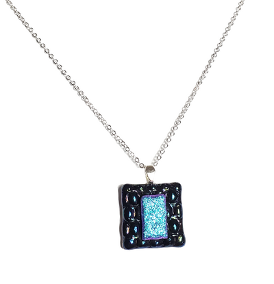 Dichroic Blue on Black Bubble Fused Glass Pendant Necklace