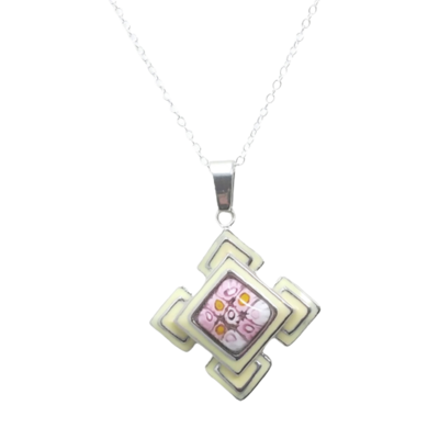 Pink flower millefiori and cream enamel necklace - Thumbnail 1