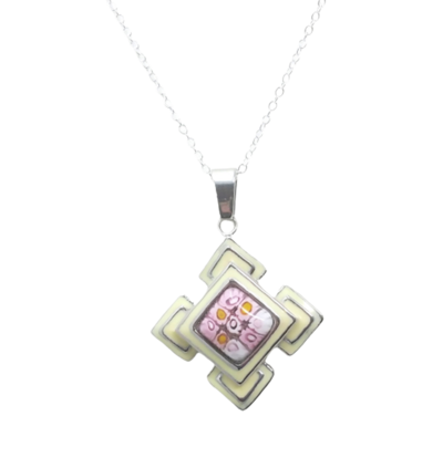 Pink Flower Millefiori and Cream Enamel Necklace