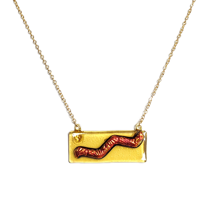 Dichroic diagonal red wave on amber fused glass bar necklace - Thumbnail 1