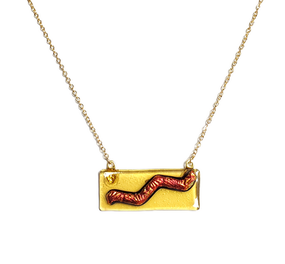 Dichroic Diagonal Red Wave on Amber Fused Glass Bar Necklace