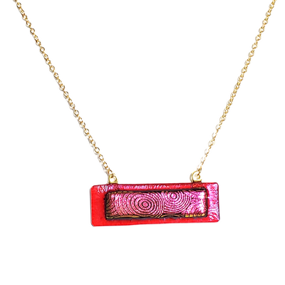 Dichroic red circles on iridescent transparent red fused glass bar necklace - Thumbnail 2