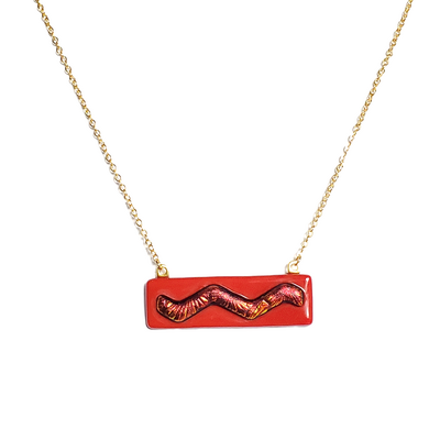 Dichroic red wave on red fused glass bar necklace - Thumbnail 1