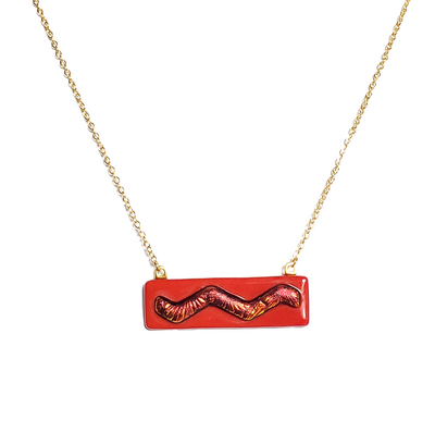 Dichroic Red Wave on Red Fused Glass Bar Necklace