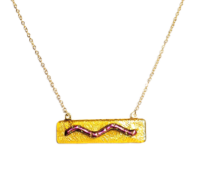 Dichroic Pink Wave on Iridescent Amber Fused Glass Bar Necklace