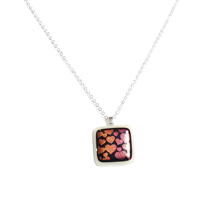 Dichroic hearts on white fused glass pendant necklace