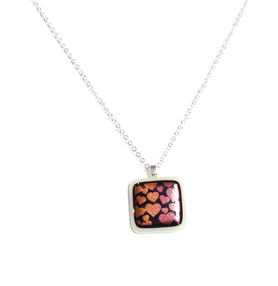 Dichroic Hearts on White Fused Glass Pendant Necklace