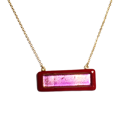 Dichroic pink on red fused glass bar necklace