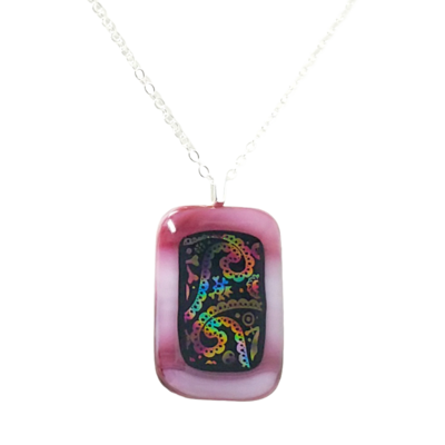 Pink paisley dichroic fused glass necklace