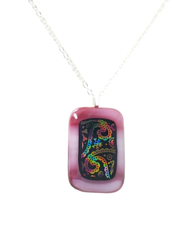 Pink Paisley Dichroic Fused Glass Necklace