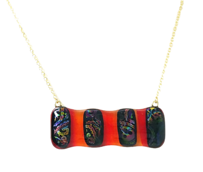 Dichroic Paisley Skulls on Red Fused Glass Necklace
