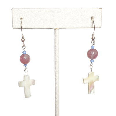 Lepidolite and white coral cross earrings with sterling silver hooks - Thumbnail 5