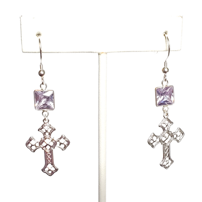 Purple crystal and filigree cross earrings with sterling silver hooks - Thumbnail 4