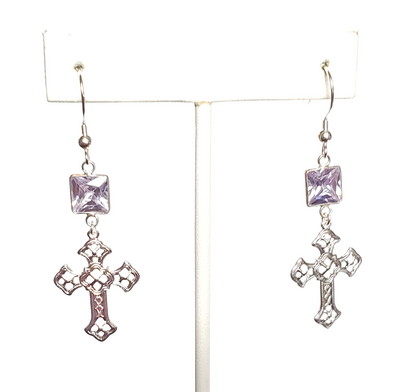 Purple Crystal and Filigree Cross Earrings with Sterling Silver Hooks
