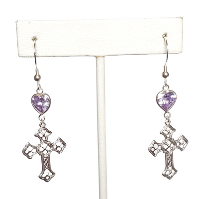 Purple crystal heart and filigree cross earrings with sterling silver hooks - Thumbnail 4