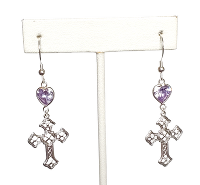 Purple Crystal Heart and Filigree Cross Earrings with Sterling Silver Hooks