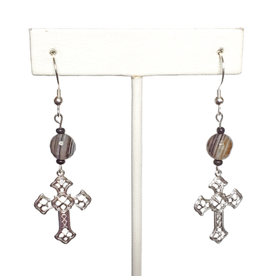 Botswana agate and filigree cross earrings with sterling silver hooks - Thumbnail 3