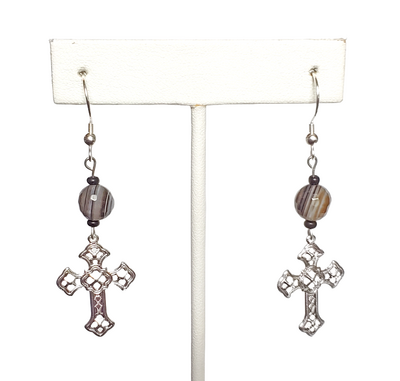 Botswana Agate and Filigree Cross Earrings with Sterling Silver Hooks