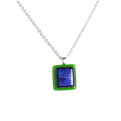 Dainty dichroic blue circles on green fused glass pendant necklace