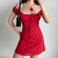 Red dress with floral polka dots and chest straps - Thumbnail 3