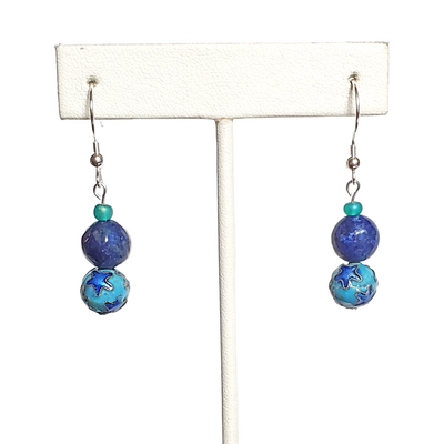 Lapis lazuli and blue cloisonn? star earrings with sterling silver hooks