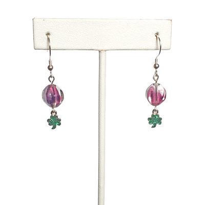 Purple glass and green shamrock clover earrings