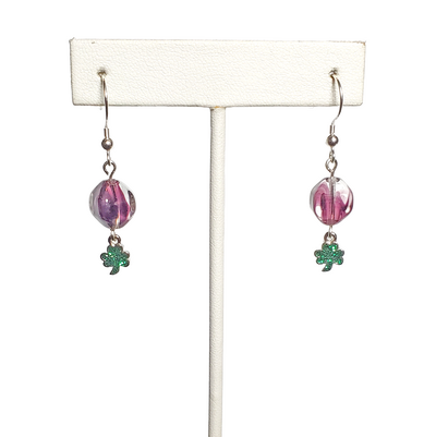 Purple Glass and Green Shamrock Clover Earrings