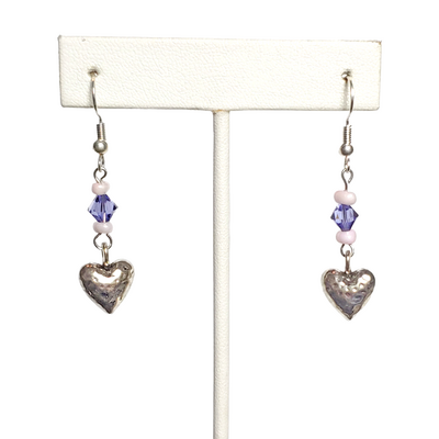 Hammered heart and blue crystal earrings with sterling silver hooks