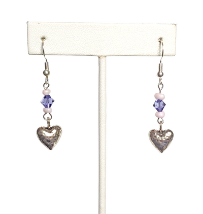 Hammered Heart and Blue Crystal Earrings with Sterling Silver Hooks