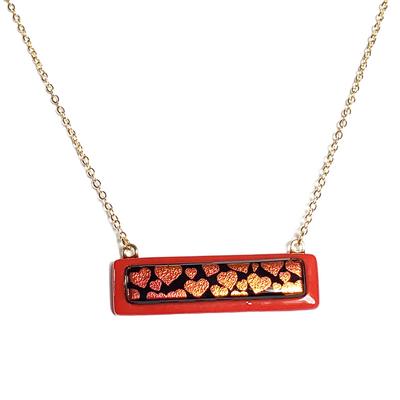 Dichroic red hearts on red fused glass bar necklace