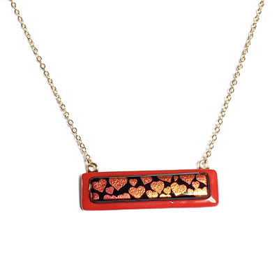 Dichroic Red Hearts on Red Fused Glass Bar Necklace