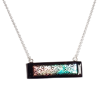Dichroic rainbow cells on black fused glass bar necklace