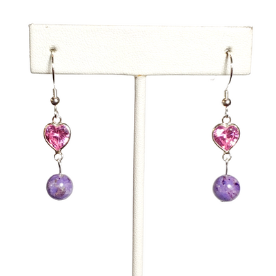 Purple crazy lace and pink heart crystal earrings with sterling silver hooks