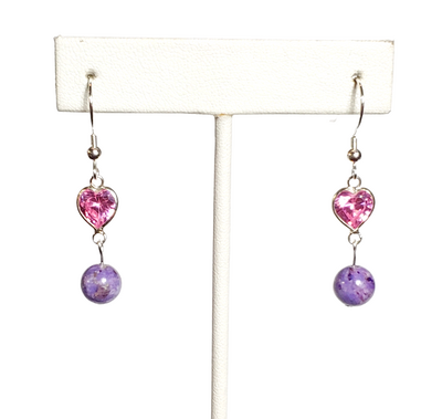 Purple Crazy Lace and Pink Heart Crystal Earrings with Sterling Silver Hooks