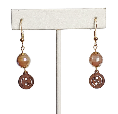 Wood Yin Yang and Faceted Taupe Glass Bead Earrings