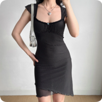 Polka dot flying sleeve dress for women summer slim waist hem staggered short skirt - Thumbnail 2