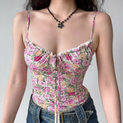 Lace hollow strap floral camisole - Thumbnail 3