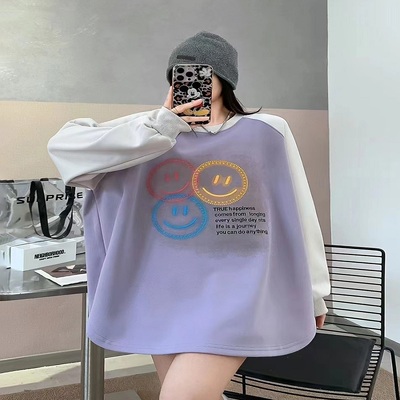 Retro round neck sweatshirt women's oversize casual tops smiley face pullover