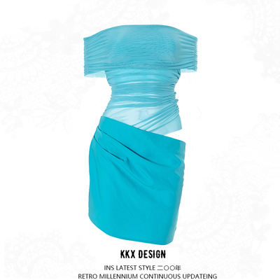 Mesh stitching one-shoulder transparent slim fit hip dress